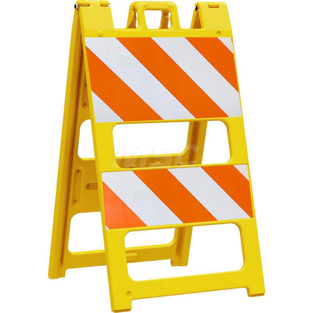 Traffic Barricades; Type: Type II; Barricade Height (Inch): 45; Material: Plastic; Barricade Width (Inch): 25; Reflective: Yes; Compliance: MASH Compliant; MUTCD; Color: Yellow; Weight (Lb.): 16.0000; Top Panel Height (Inch): 12; Top Panel Width (Inch): 2