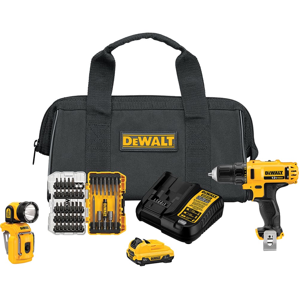 DeWALT - Cordless Tool Combination Kits; Voltage: 12 ; Tools: 3/8" Drill/Driver; Work Light ; Battery Chemistry: Lithium Ion ; Battery Series: 12V MAX ; Battery Included: Yes ; Number of Batteries: 1 - Exact Industrial Supply