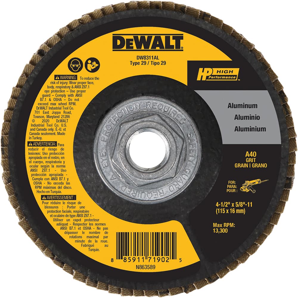 DeWALT - Flap Discs; Abrasive Type: Sanding Disc ; Flap Disc Type: Type 29 ; Disc Diameter (Inch): 4-1/2 ; Abrasive Material: Aluminum Oxide ; Grade: Medium ; Grit: 60 - Exact Industrial Supply