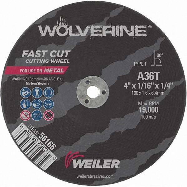 Weiler - 4 x 1/16, 1/4" Hole 36 Grit Aluminum Oxide Cutoff Wheel - All Tool & Supply