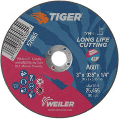 Weiler - 3 x 0.035, 1/4" Hole 60 Grit Aluminum Oxide Cutoff Wheel - All Tool & Supply