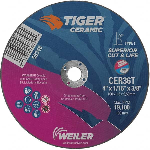 Weiler - 4 x 1/16, 3/8" Hole 36 Grit Ceramic Alumina Cutoff Wheel - All Tool & Supply