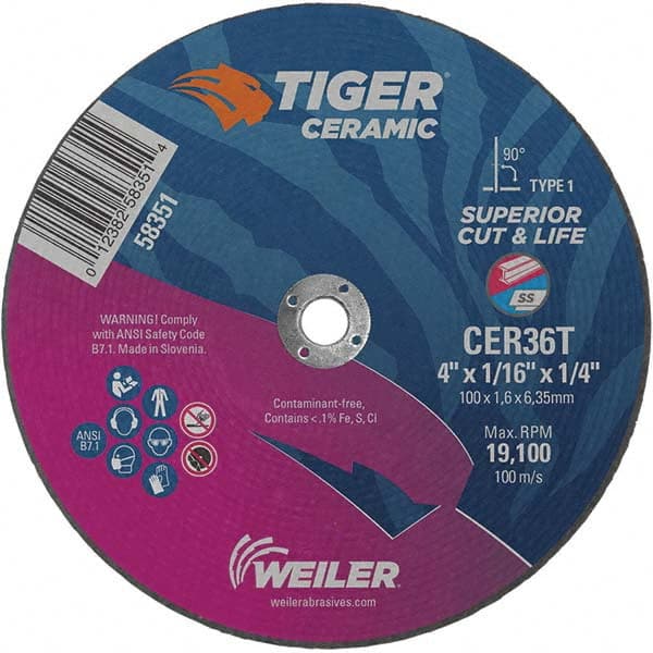 Weiler - 4 x 1/16, 1/4" Hole 36 Grit Ceramic Alumina Cutoff Wheel - All Tool & Supply