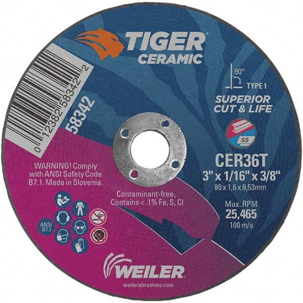 Weiler - 3 x 1/16, 3/8" Hole 36 Grit Ceramic Alumina Cutoff Wheel - All Tool & Supply