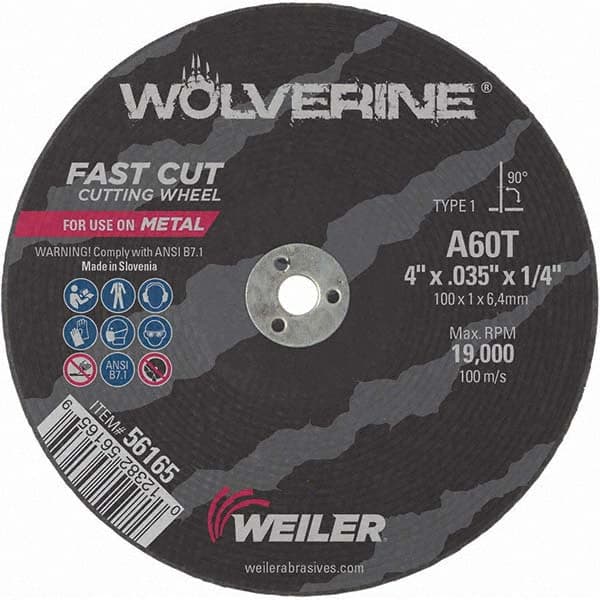 Weiler - 4 x 0.035, 1/4" Hole 60 Grit Aluminum Oxide Cutoff Wheel - All Tool & Supply