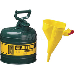 Justrite - Safety Dispensing Cans; Capacity: 2 Gal. ; Material: Steel ; Color: Green ; Height (Decimal Inch): 13.750000 ; Diameter/Length (mm): 9.50 ; Approval Listing/Regulations: FM Approved; UL; ULC; TUV - Exact Industrial Supply