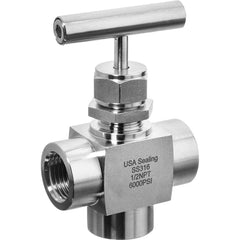 USA Sealing - Needle Valves; Type: Instrumentation Needle Valve ; Style: 3-Way; Angled Tee ; Pipe Size: 1/4 (Inch); End Connections: FNPT ; Material: Stainless Steel ; Material Grade: 316 - Exact Industrial Supply