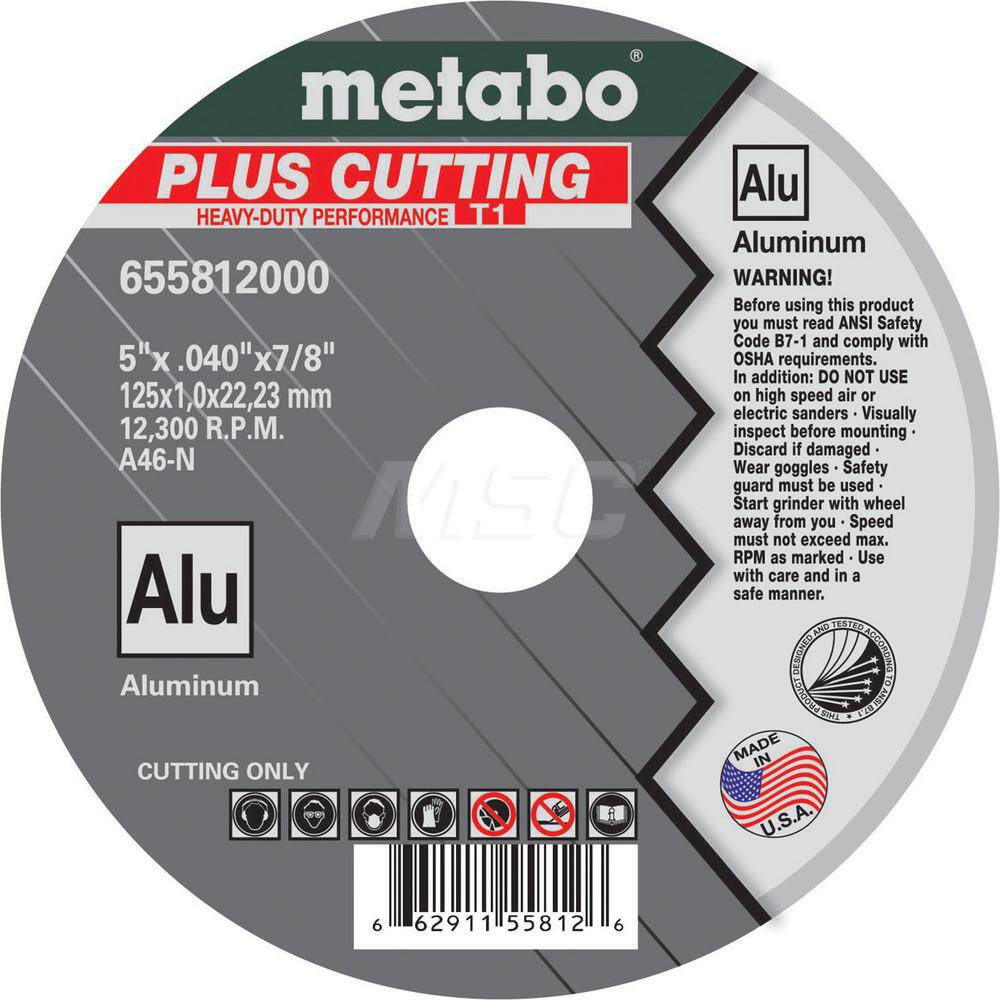 Cut-Off Wheel: Type 1, 5″ Dia, 7/8″ Hole, Aluminum 46 Grit, 12300 Max RPM