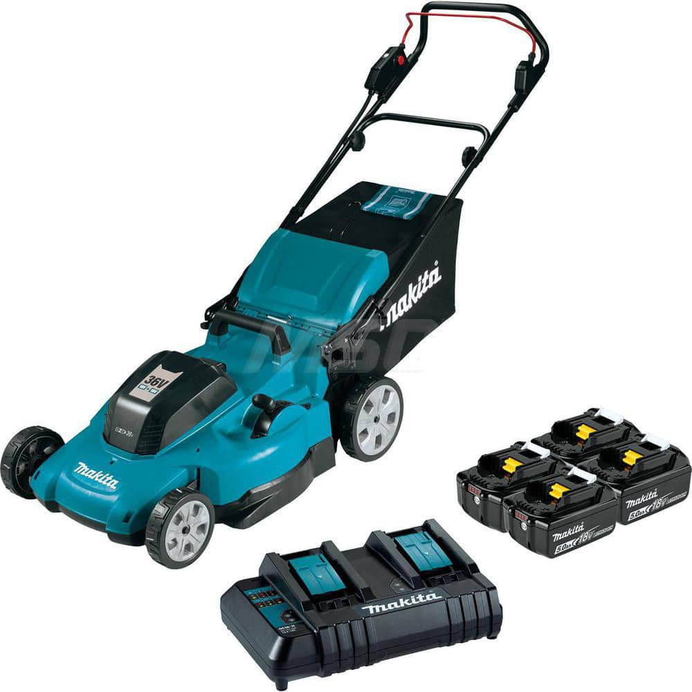 Lawn Mowers; Mower Type: Walk Behind; Power Type: Battery; Cutting Width (Inch): 21 in; Includes: (4) 18V LXT ™ Lithium-Ion 5.0Ah Battery (BL1850B), 18V LXT ™ Lithium-Ion Dual Port Charger (DC18SH), 21″ Lawn Mower Blade (191V96-5), Grass Catcher Bag (162A