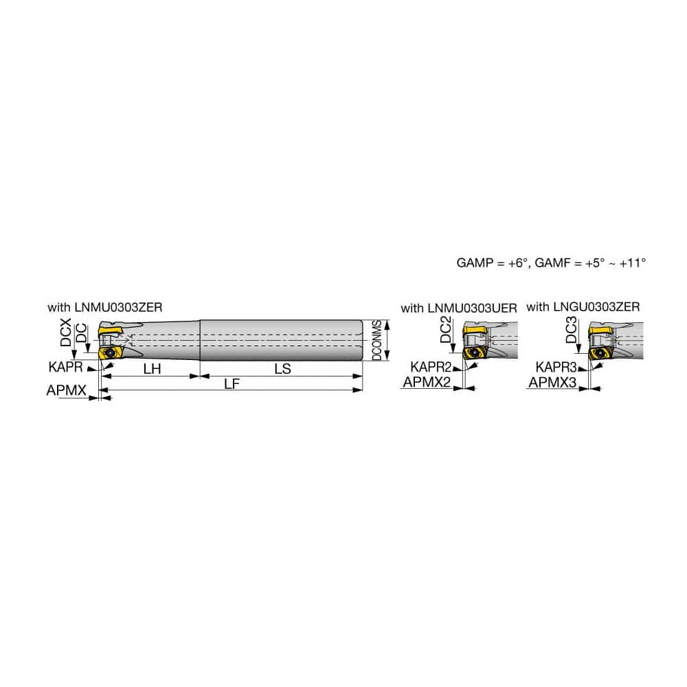 Indexable High-Feed End Mill: 1″ Cut Dia, 1″ Straight Shank Uses 5 LNMU Inserts, 0.039″ Max Depth, 5-1/2″ OAL, Through Coolant