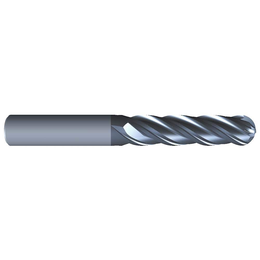 Ball End Mill: 0.375″ Dia, 4 Flute, Solid Carbide 3″ OAL, 3/8″ Shank Dia, Variable ° Helix, AlCrN Coated, Single End