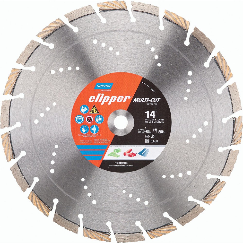 Wet & Dry Cut Saw Blade: 14″ Dia, 1″ Arbor Hole, 0.125″ Kerf Width, 22 Teeth High Speed Steel Teeth, Use on Concrete & Masonry, Standard Arbor