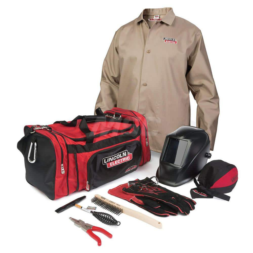 Size L Khaki Cotton Welding Jacket with Gloves, Sleeves & Ratchet Hard Hat with Face Shield 5″ x 4″ Distortion-Free Glass, Includes Gear Bag