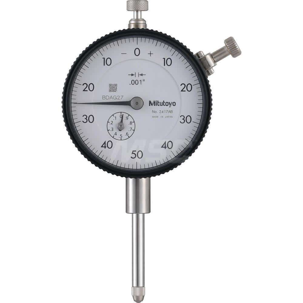 Dial Drop Indicator: 0 to 1″ Range, 0-50-0 Dial Reading, 0.001″ Graduation 0.1″ per Revolution, Flat Back,  ±0.002″ Accuracy