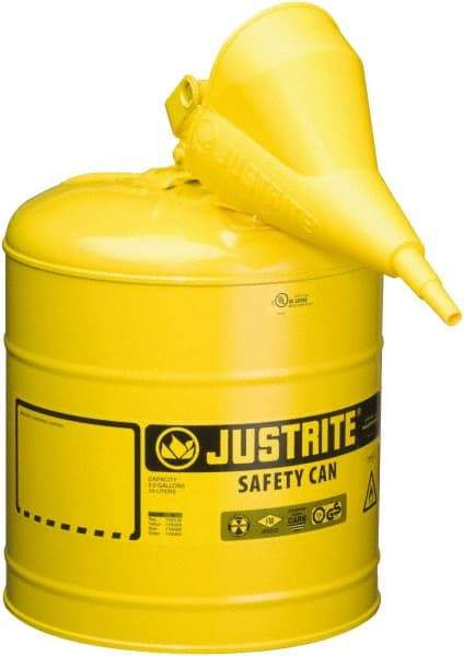 Justrite - 5 Gal Galvanized Steel Type I Safety Can - 16-7/8" High x 11-3/4" Diam, Yellow - All Tool & Supply