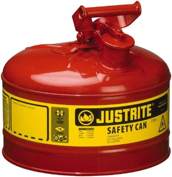 Justrite - 2.5 Gal Galvanized Steel Type I Safety Can - 11-1/2" High x 11-3/4" Diam, Red with Yellow - All Tool & Supply