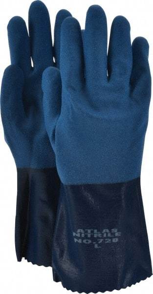 SHOWA - Size L (9), 12" Long, 15 mil Thick, Supported, Nitrile Chemical Resistant Gloves - Rough Finish, Knit Lined, Gauntlet Cuff, ANSI Abrasion Level 6, ANSI Cut Level 2, ANSI Puncture Level 3, Blue - All Tool & Supply