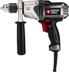 Porter-Cable - 1/2" Keyed Chuck, 800 RPM, Pistol Grip Handle Electric Drill - 7 Amps, 120 Volts, Reversible, Includes Side Handle & Chuck Key with Holder - All Tool & Supply