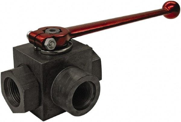 HYDAC - 1/2" Pipe, Full Port, Carbon Steel Full Port Ball Valve - Three Way, NPT Ends, Straight Handle, 6,000 WOG - All Tool & Supply