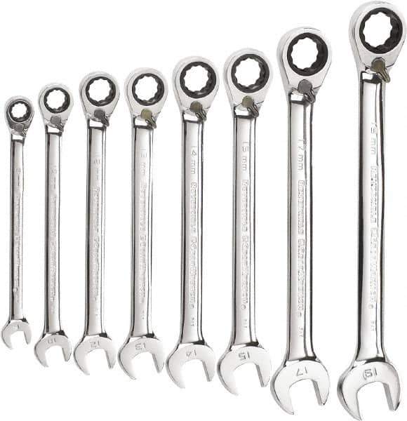 GearWrench - 8 Piece, 8mm to 19mm, 12 Point Reversible Ratcheting Combination Wrench Set - Metric Measurement Standard, Chrome Finish - All Tool & Supply