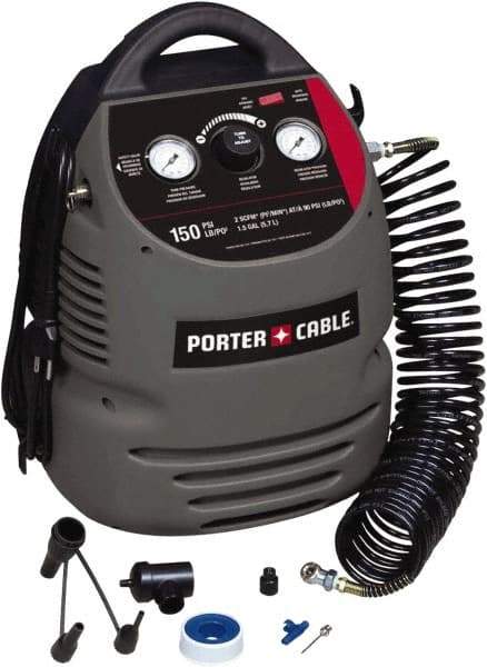 Porter-Cable - 0.8 hp, 2 CFM at 90 psi Hand Carry Compressor - 1.5 Gallon Tank, 10 Amp, 150 Max psi, 120V - All Tool & Supply