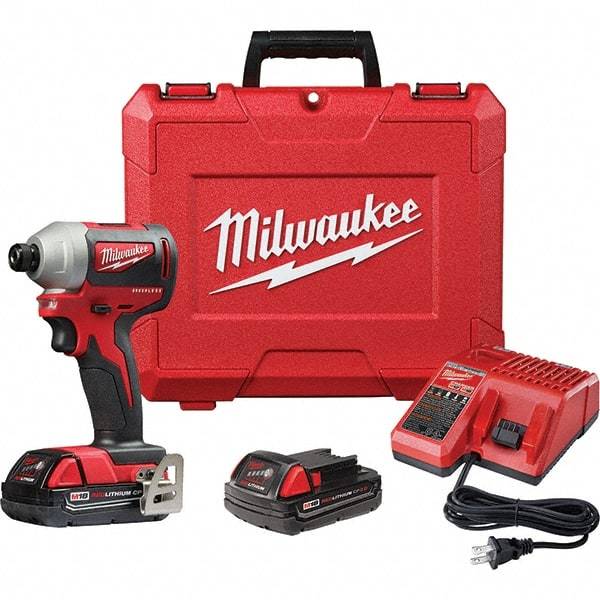 Milwaukee Tool - 18 Volt, 1/4" Drive, 133 Ft/Lb Torque, Cordless Impact Driver - Pistol Grip Handle, 3200 RPM, 2 Lithium-Ion Batteries Included - All Tool & Supply