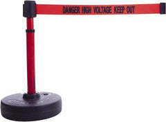 Banner Stakes - 22 to 42" High, 2-3/8" Pole Diam, Barrier Post Base & Stanchion - 9" Base Diam, Round Nylon Base, Red Plastic Post, 15' x 2-1/2" Tape, For Outdoor Use - All Tool & Supply