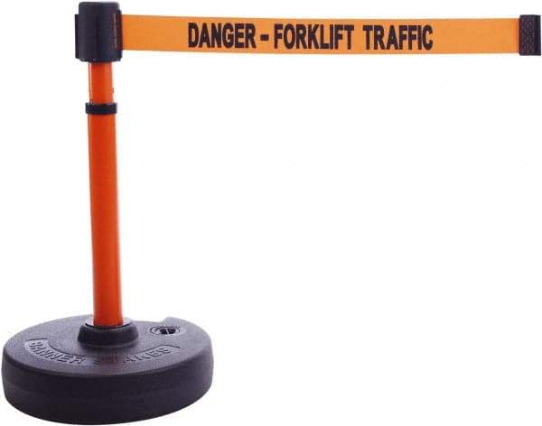 Banner Stakes - 22 to 42" High, 2-3/8" Pole Diam, Barrier Post Base & Stanchion - 9" Base Diam, Round Nylon Base, Orange Plastic Post, 15' x 2-1/2" Tape, For Outdoor Use - All Tool & Supply