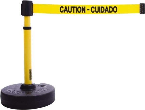 Banner Stakes - 22 to 42" High, 2-3/8" Pole Diam, Barrier Post Base & Stanchion - 9" Base Diam, Round Nylon Base, Yellow Plastic Post, 15' x 2-1/2" Tape, For Outdoor Use - All Tool & Supply