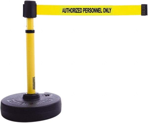 Banner Stakes - 22 to 42" High, 2-3/8" Pole Diam, Barrier Post Base & Stanchion - 9" Base Diam, Round Nylon Base, Yellow Plastic Post, 15' x 2-1/2" Tape, For Outdoor Use - All Tool & Supply