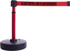 Banner Stakes - 22 to 42" High, 2-3/8" Pole Diam, Barrier Post Base & Stanchion - 9" Base Diam, Round Nylon Base, Red Plastic Post, 15' x 2-1/2" Tape, For Outdoor Use - All Tool & Supply