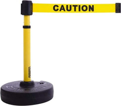 Banner Stakes - 22 to 42" High, 2-3/8" Pole Diam, Barrier Post Base & Stanchion - 9" Base Diam, Round Nylon Base, Yellow Plastic Post, 15' x 2-1/2" Tape, For Outdoor Use - All Tool & Supply