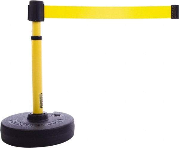 Banner Stakes - 22 to 42" High, 2-3/8" Pole Diam, Barrier Post Base & Stanchion - 9" Base Diam, Round Nylon Base, Yellow Plastic Post, 15' x 2-1/2" Tape, For Outdoor Use - All Tool & Supply