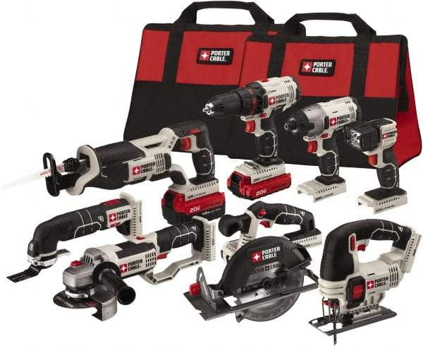 Porter-Cable - 20 Volt Cordless Tool Combination Kit - Includes 1/2" Drill/Driver, 1/4" Impact Driver, 6-1/2" Circular Saw, Reciprocating Tiger Saw, Jig Saw, Oscillating Multi-Tool, Cut-Off Tool/Grinder & Flashlight, Lithium-Ion Battery Included - All Tool & Supply