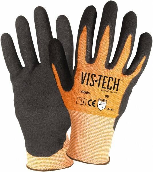 Wells Lamont - Size L (9), ANSI Cut Lvl 4, Nitrile Coated HPPE Fiber/Stainless Steel Cut Resistant Gloves - Palm & Fingertips Coated, Hi-Vis Orange/Black, Paired - All Tool & Supply