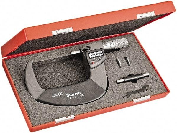 Starrett - 3 to 4" Range, Standard Throat IP67 Electronic Outside Micrometer - Friction Thimble, Carbide Face, CR2032 Battery - All Tool & Supply