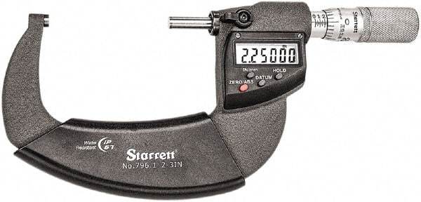 Starrett - 2 to 3" Range, Standard Throat IP67 Electronic Outside Micrometer - Friction Thimble, Carbide Face, CR2032 Battery - All Tool & Supply