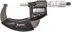 Starrett - 1 to 2" Range, Standard Throat IP67 Electronic Outside Micrometer - Ratchet Stop Thimble, Carbide Face, CR2032 Battery - All Tool & Supply