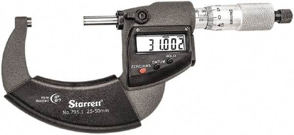 Starrett - Standard Throat IP67 Electronic Outside Micrometer - Ratchet Stop Thimble, Carbide Face, CR2032 Battery - All Tool & Supply