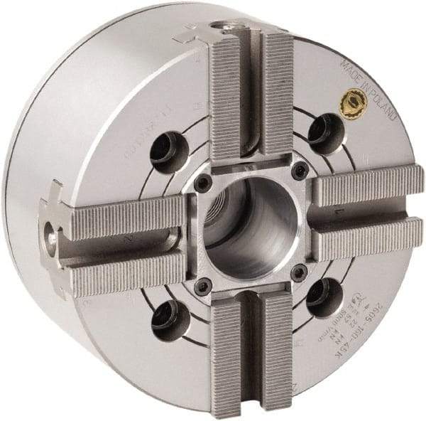 Bison - 4 Jaw, 8.26" Chuck Diam, Plain Back Mount, 52mm Through Hole Diam, Drawtube Hydraulic Power Lathe Chuck - 1.5mm x 60° Serrated Jaw Interface, 0.6299 to 7.874" Jaw Capacity, 4,300 RPM, High Speed Steel Body - All Tool & Supply