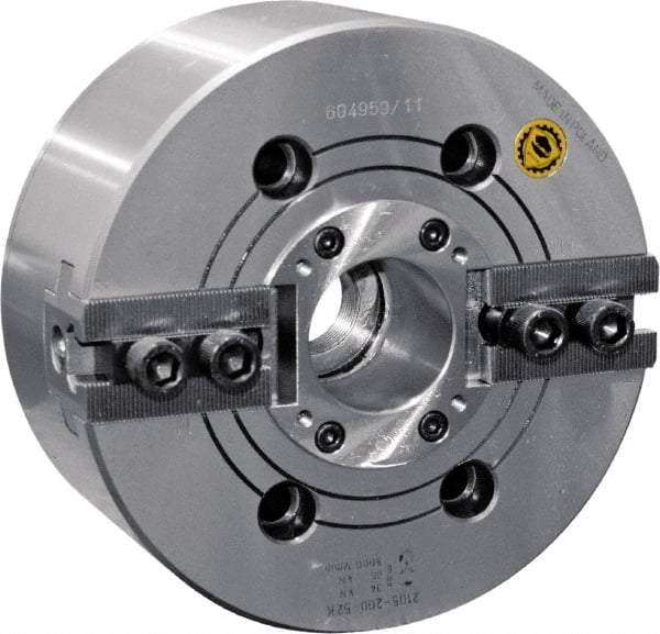 Bison - 2 Jaw, 12.4" Chuck Diam, Plain Back Mount, 91mm Through Hole Diam, Drawtube Hydraulic Power Lathe Chuck - 1.5mm x 60° Serrated Jaw Interface, 1.5748 to 11.9291" Jaw Capacity, 3,300 RPM, High Speed Steel Body - All Tool & Supply