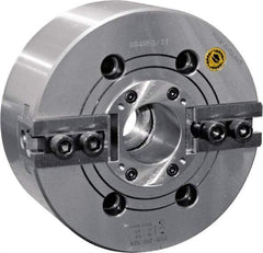 Bison - 2 Jaw, 6.65" Chuck Diam, Plain Back Mount, 45mm Through Hole Diam, Drawtube Hydraulic Power Lathe Chuck - 1.5mm x 60° Serrated Jaw Interface, 0.5905 to 6.7716" Jaw Capacity, 6,000 RPM, High Speed Steel Body - All Tool & Supply