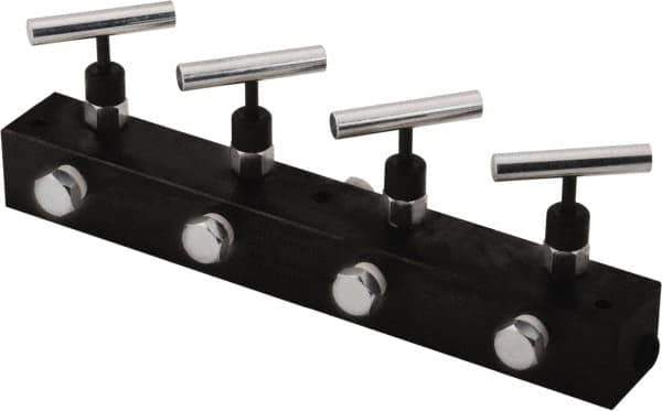 Value Collection - 3/8" Inlet, 3/8" Outlet Manifold with Four Needle Valves - 12" Long x 1.62" Wide x 4.13" High, 0.28" Mount Hole, 212°F Max, 10,000 Max PSI, 4 Inlet Ports, 4 Outlet Ports - All Tool & Supply