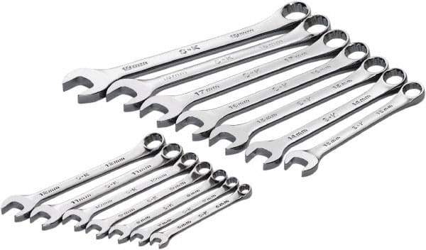 SK - 14 Piece, 6mm to 19mm, 12 Point Combination Wrench Set - Metric Measurement Standard, Full Polish Chrome Finish, Comes in Roll-Up Pouch - All Tool & Supply