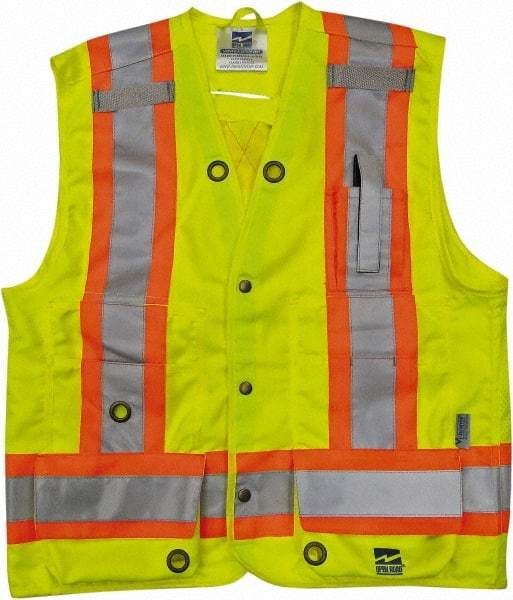 Viking - Size M High Visibility Lime Solid Surveyor's Vest - 40" Chest, CSA Z96-09 Class 2, Level 2, ANSI 107-2010 Class 2, Level 2, Snaps Closure, 8 Pockets, Polyester - All Tool & Supply