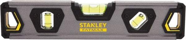 Stanley - 9" Long 3 Vial Torpedo Level - Aluminum, Black/Silver/Yellow, 1 45°, 1 Level & 1 Plumb Vials - All Tool & Supply