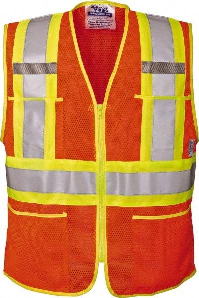 Viking - Size 2XL High Visibility Orange Mesh Public Safety Vest - 51" Chest, ANSI 107-2010 Class 2, Level 2, Zipper Closure, 4 Pockets, Polyester - All Tool & Supply