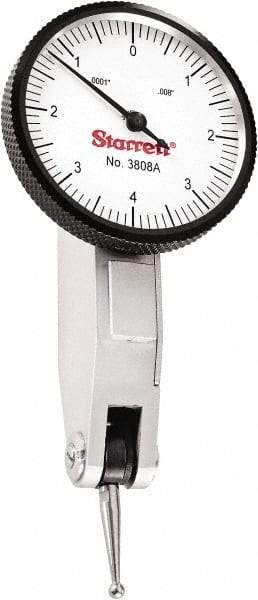 Starrett - 0.008 Inch Range, 0.0001 Inch Dial Graduation, Horizontal Dial Test Indicator - 1-1/4 Inch White Dial, 0-4-0 Dial Reading - All Tool & Supply