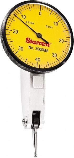 Starrett - 0.8 mm Range, 0.01 mm Dial Graduation, Horizontal Dial Test Indicator - 1-9/16 Inch Yellow Dial, 0-40-0 Dial Reading - All Tool & Supply