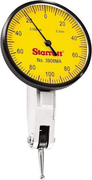 Starrett - 0.2 mm Range, 0.002 mm Dial Graduation, Horizontal Dial Test Indicator - 1-9/16 Inch Yellow Dial, 0-100-0 Dial Reading - All Tool & Supply